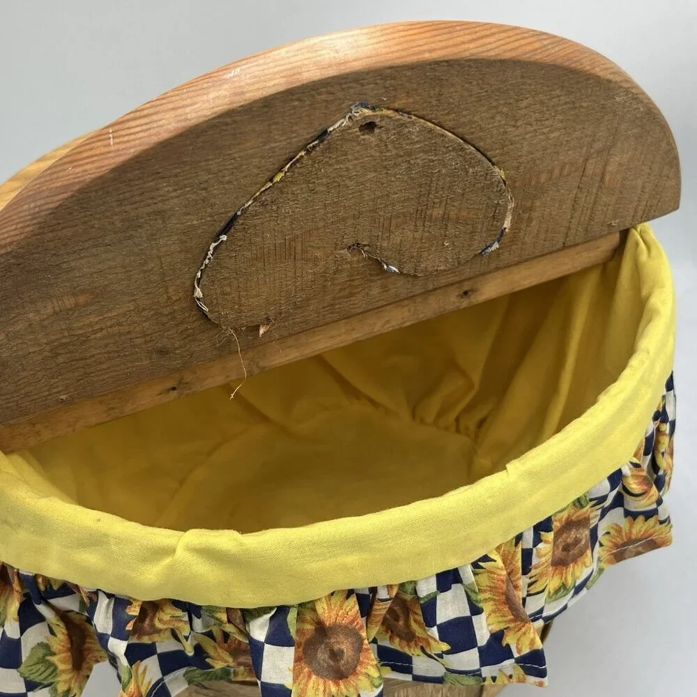 Vintage Half Bushel Sewing Picnic Basket Wooden Handle Sunflower Fabric Lined